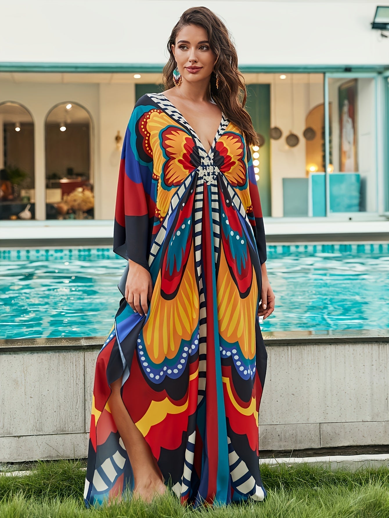 Boho Dress Women's Plus Allover Print Batwing Sleeve V Neck Side Split
