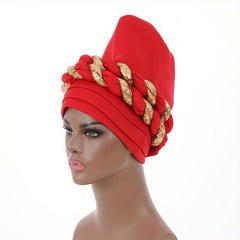 Sequin Red Turban Elastic Head Wrap Pre-tied Ramadan Hijab Women Bandana