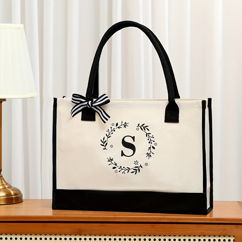 Letter Plant Print Tote Bag Large Capacity Shopping Bag