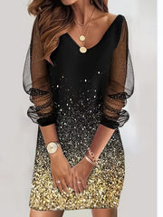 Contrast Mesh Sequin Long Sleeve V-Neck Dress