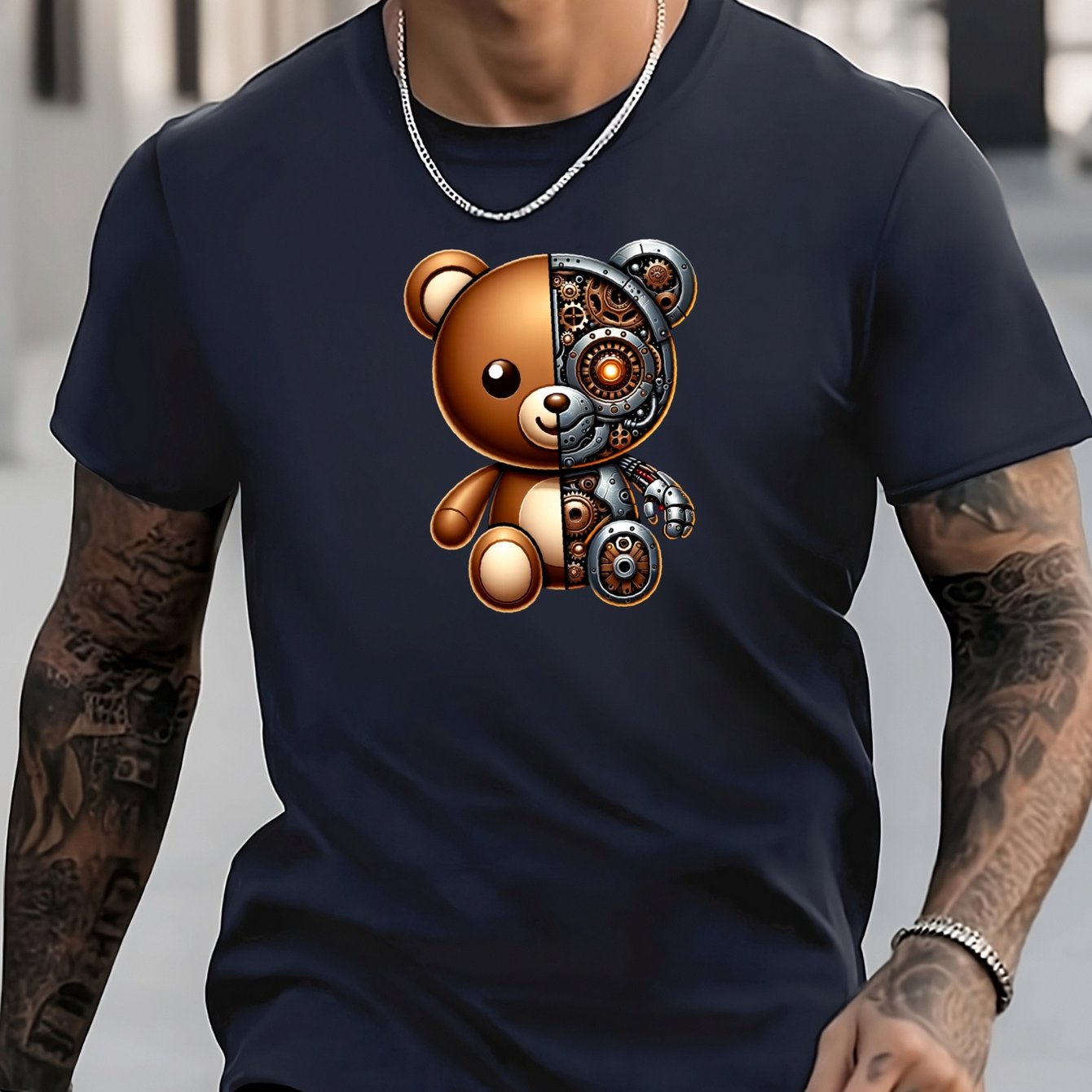 Men's Bear Pattern Shirt Casual Short Sleeve Tee Top