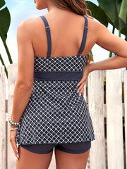 Grid Print Tankini Set Round Neck Cami Top & Shorts Bathing Suit