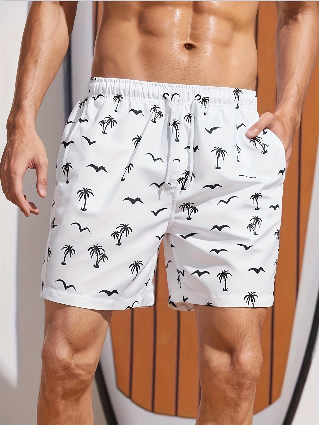 Coconut Tree Bird Pattern Print Men's Swim Trunks Quick Dry Beach Shorts