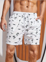 Coconut Tree Bird Pattern Print Men's Swim Trunks Quick Dry Beach Shorts