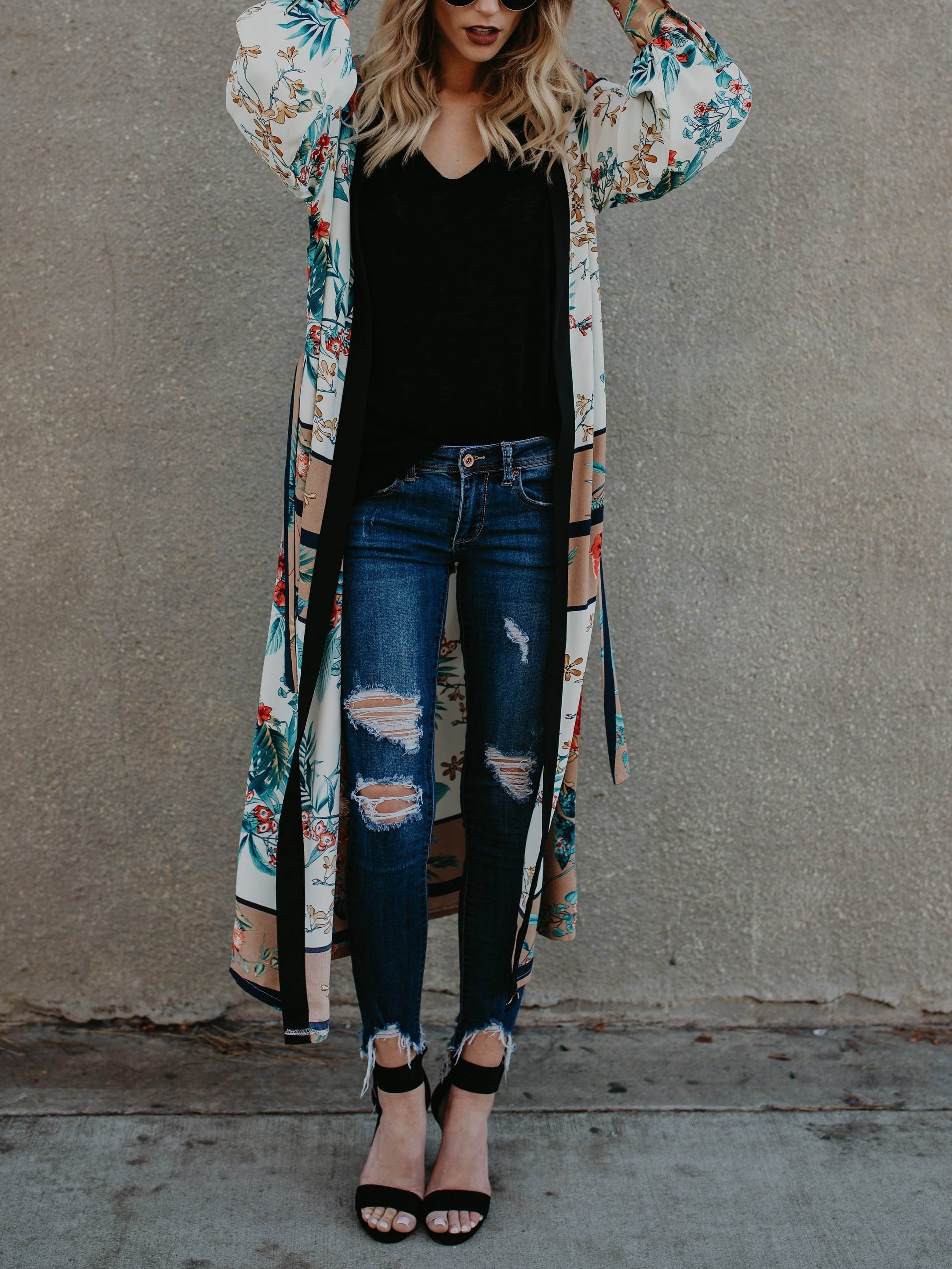 Floral Print Chiffon Long Sleeve Cover Up Beach Cardigan