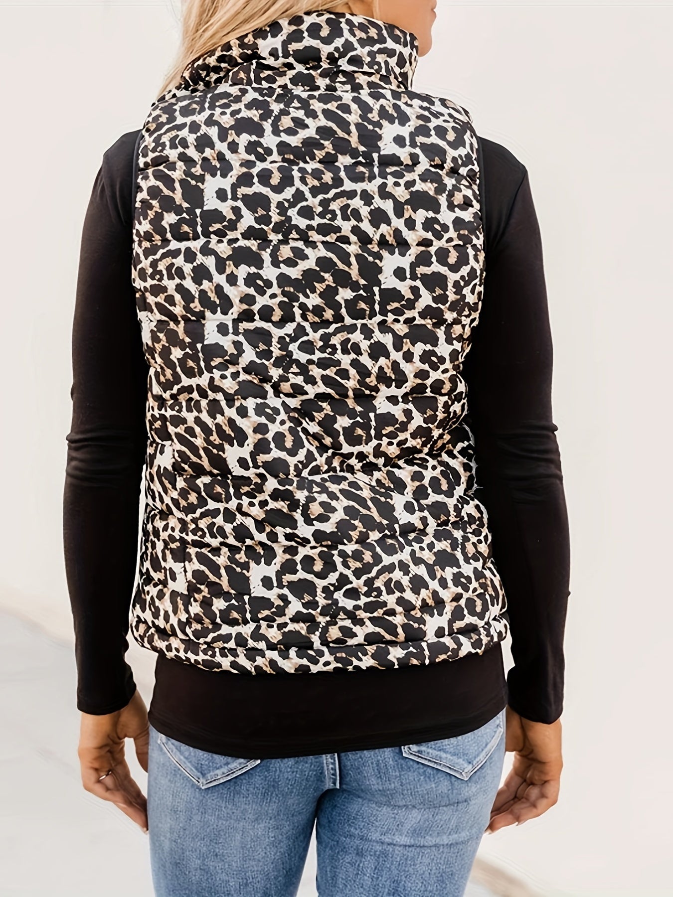 Leopard Print Zip Up Sleeveless Vest High Neck Casual Women's Clothing