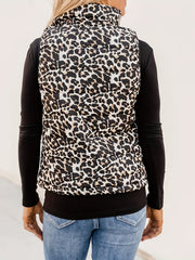 Leopard Print Zip Up Sleeveless Vest High Neck Casual Women's Clothing
