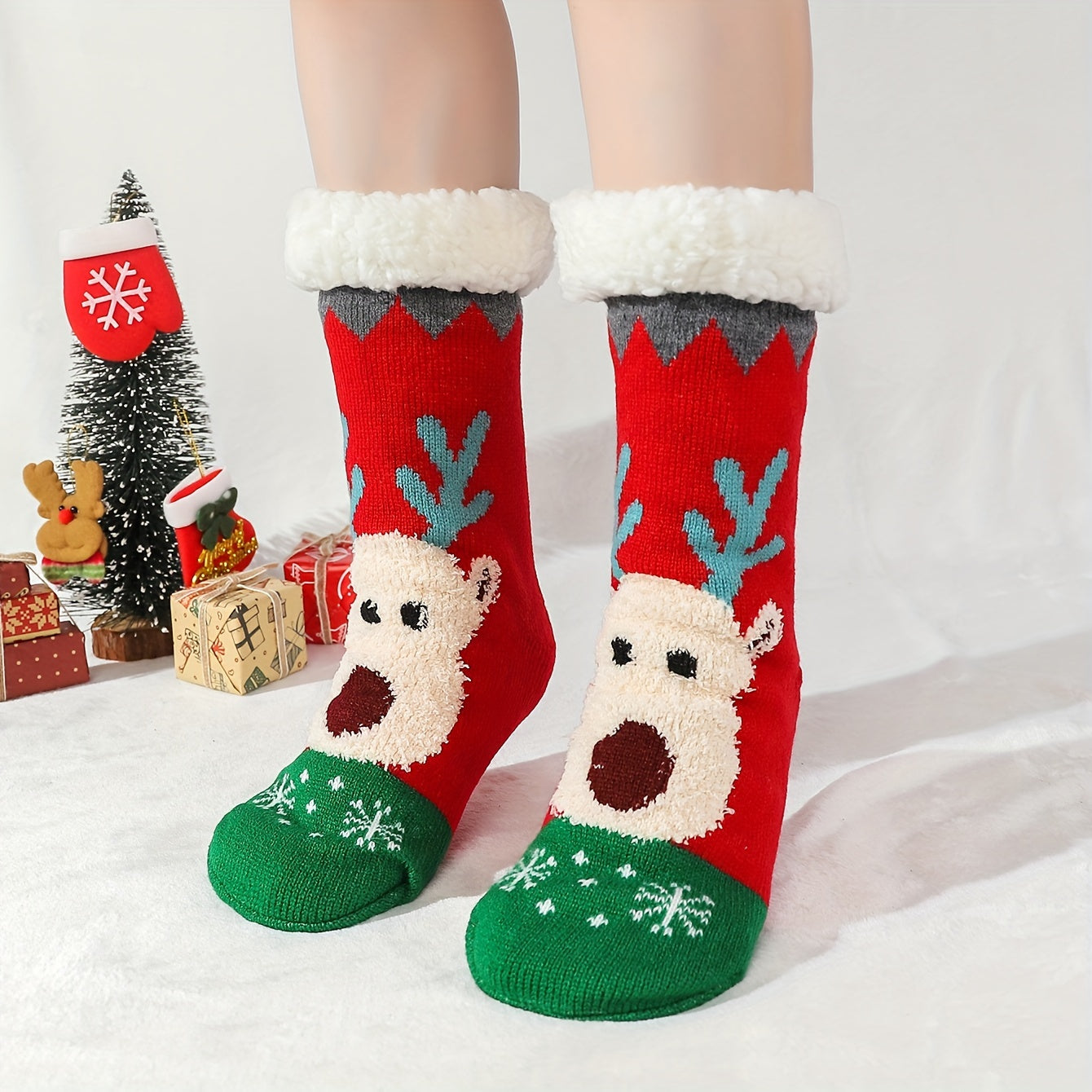 6 Pairs Christmas Elk Print & Plush Lined Women's Socks