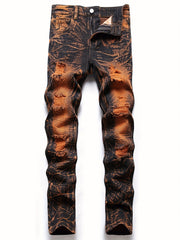 Vintage Tie Dye Slim Fit Ripped Jeans Men's Street Style Denim Pant
