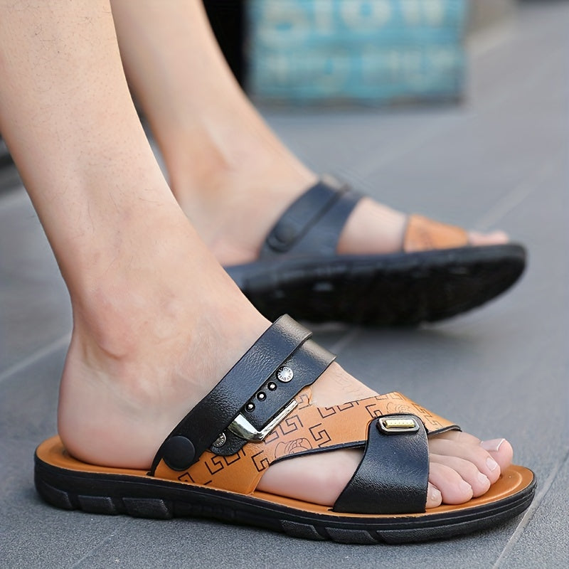 Men's Patterned Leather Slides Lightweight Slippers