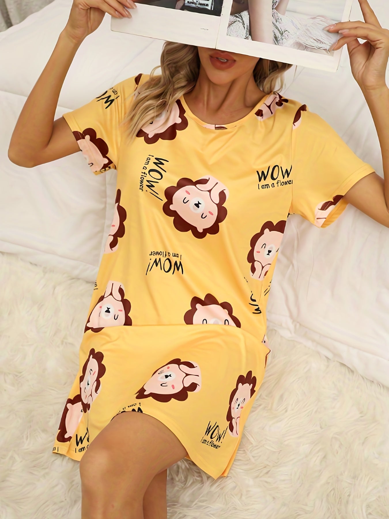 Cartoon Lion Print Lounge Dress & Comfy Crew Neck Short Sleeve Home Dress