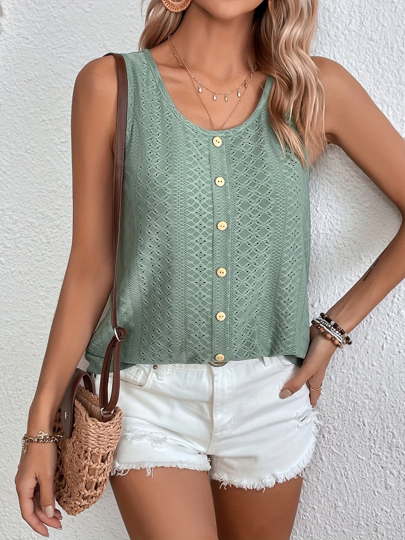 Eyelet Embroidered Button Tank Top Sleeveless Summer Women's Clothing