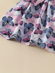 Toddler Girls Butterfly Graphic Princess Dress Cold Shoulder Ruffle Trim Belted