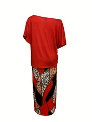 Faith Print Tops & Geo Print Skirts Set Women's Outfit