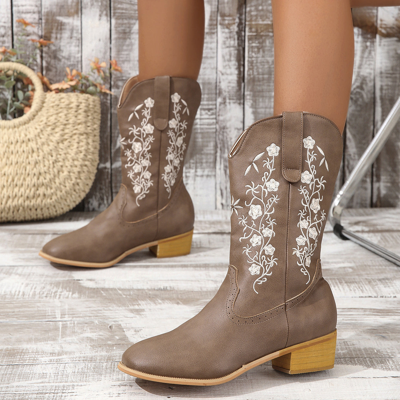 Women's Embroidered Boots Slip On Chunky Heel Shoes