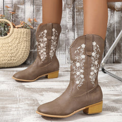 Women's Embroidered Boots Slip On Chunky Heel Shoes