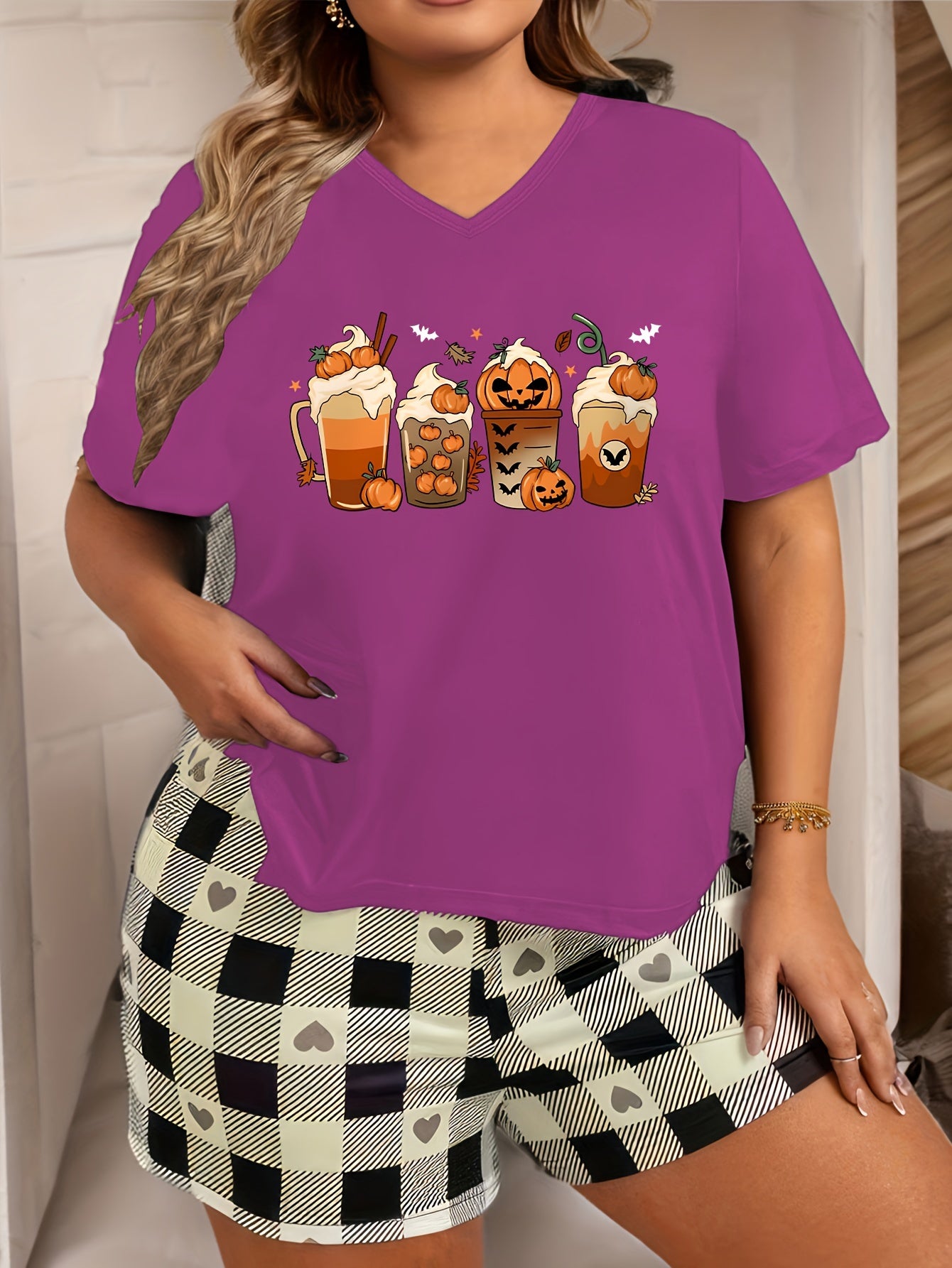 Halloween Loungewear Top Women's Bat & Pumpkin Drinks Print Pajama Top