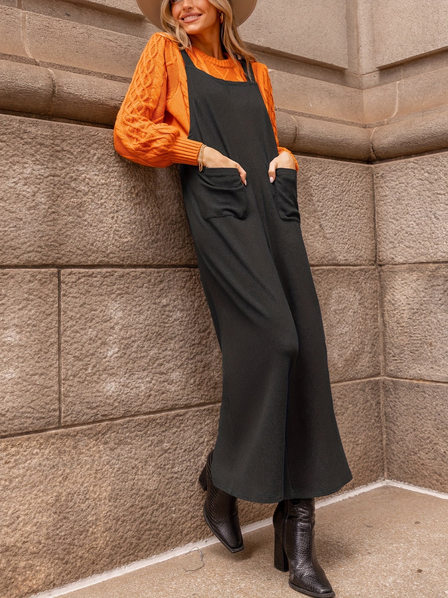 Solid Square Neck Wide Leg Overalls With Pockets