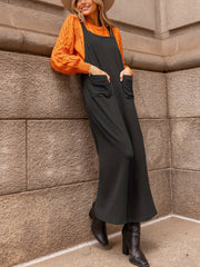 Solid Square Neck Wide Leg Overalls With Pockets