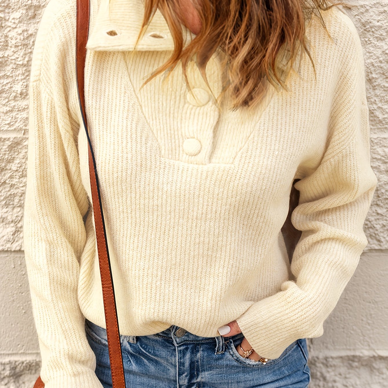 Ribbed Knit Sweater Long Sleeve Button Up Pullover Jumper