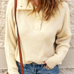 Ribbed Knit Sweater Long Sleeve Button Up Pullover Jumper