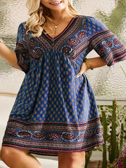 Paisley Print Short Sleeve V Neck Dress