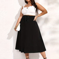 Solid Ribbed Lace Up Pleated Skirt