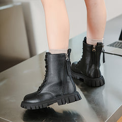Girls Leather Boots Lace-Up Side Zip