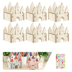 6pcs Wooden Castle Craft Kit DIY Unfinished Wooden Castle House Building