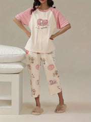 Bunny Print Pajamas Set Short Sleeve Top & Crop Pants