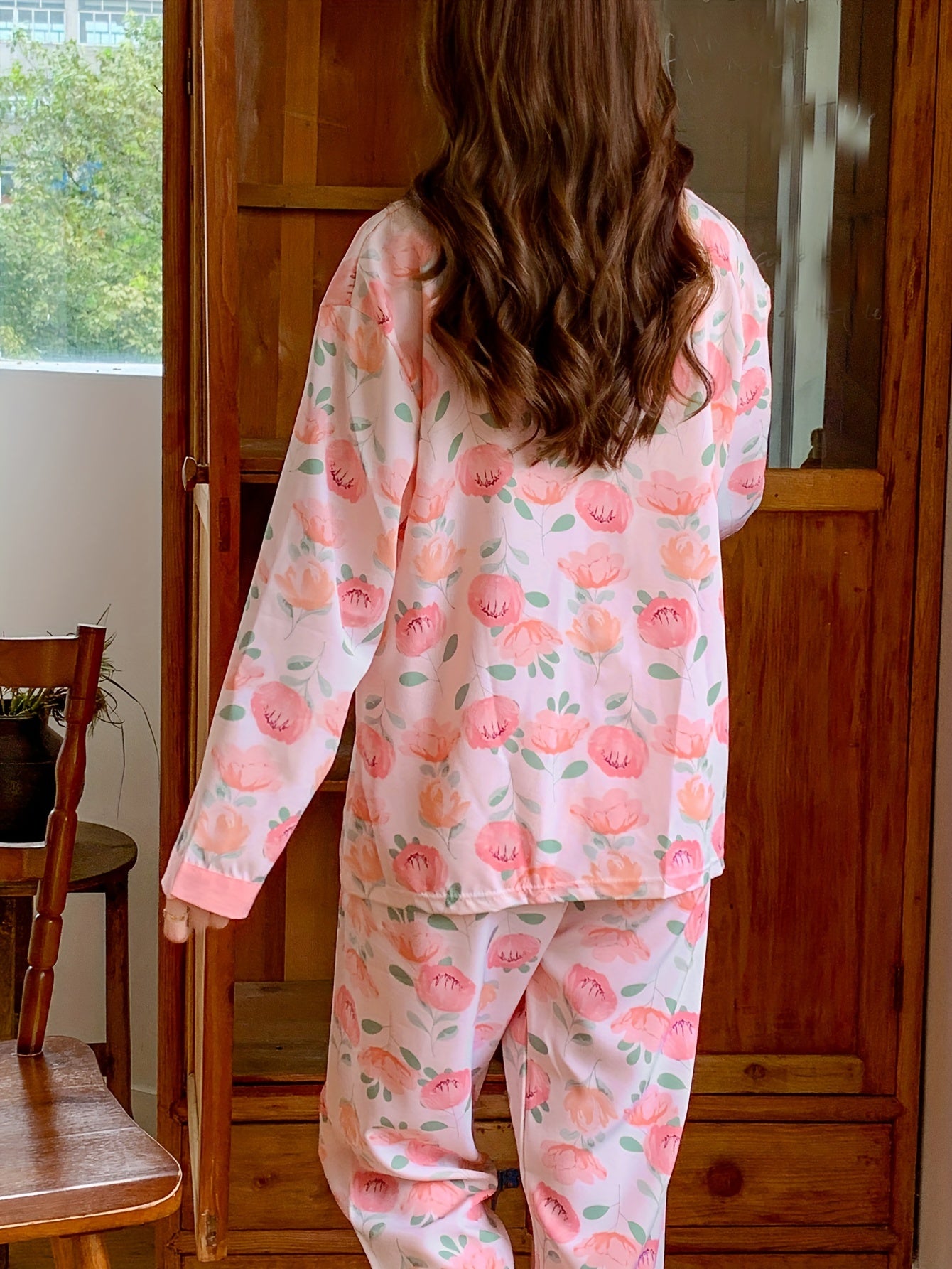 Floral Print Pajama Set Long Sleeve Top & Pants Women's Sleepwear
