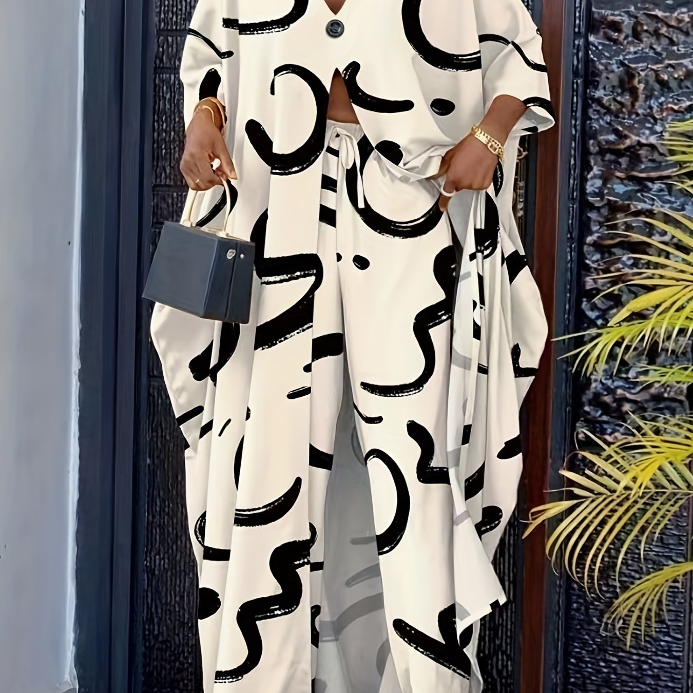 Abstract Print Casual Two piece Set Long Tops Pants Outfits Women's Clothing