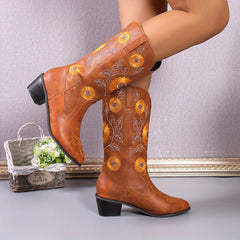 Sunflower Embroidered Western Boots V cut Slip On Retro Cowgirl Mid Calf