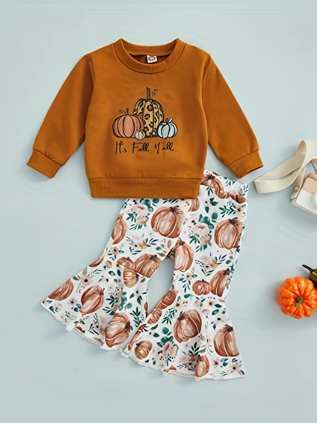 Girls Halloween Pumpkin Sweatshirt & Flared Pants Set