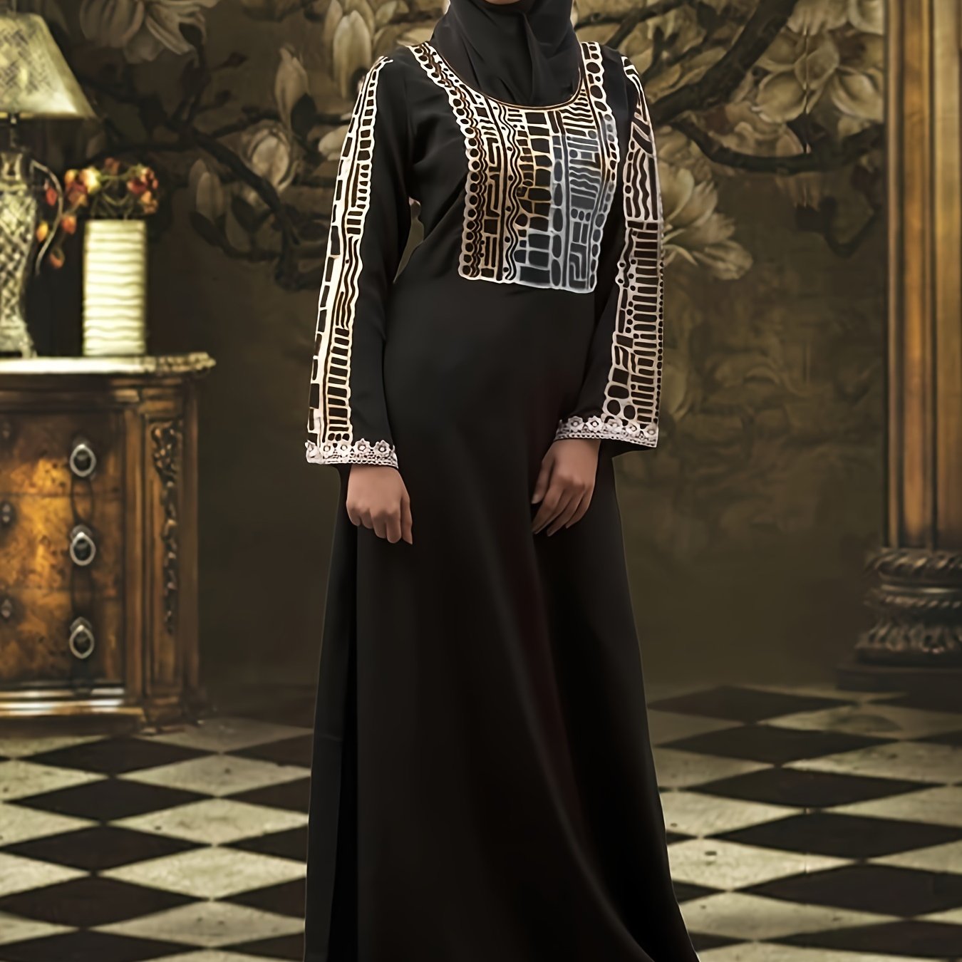 Geometric Print Abaya Maxi Dress