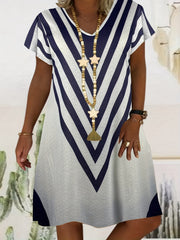 Casual Dress Women's Plus Stripe Print Short Sleeve V Neck Dress