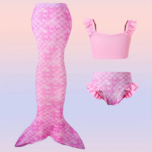 3pcs Fish Scale Print Mermaid Swimsuit Set for Girls