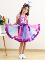 Girls Mermaid Princess Costume Tutu Dress Halloween Halter Neck Dress with Headb