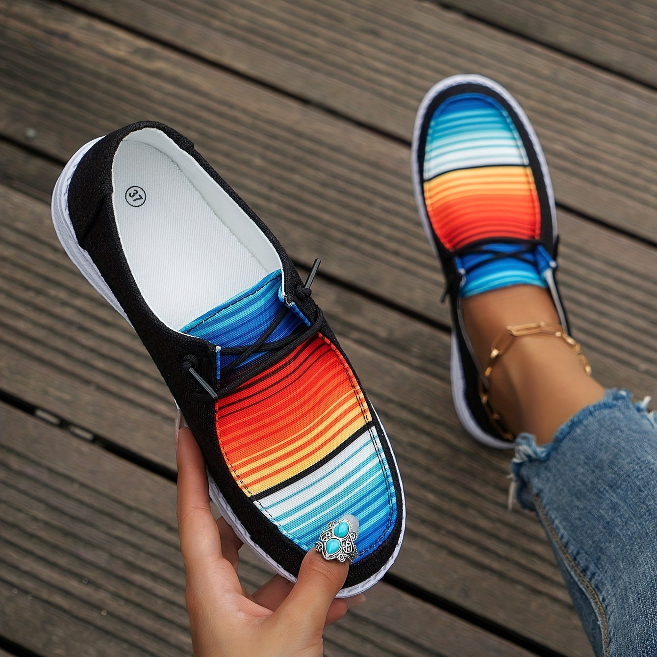 Women's Block Stripe Summer Shoes Thick Sole Casual Lightweight Shoes