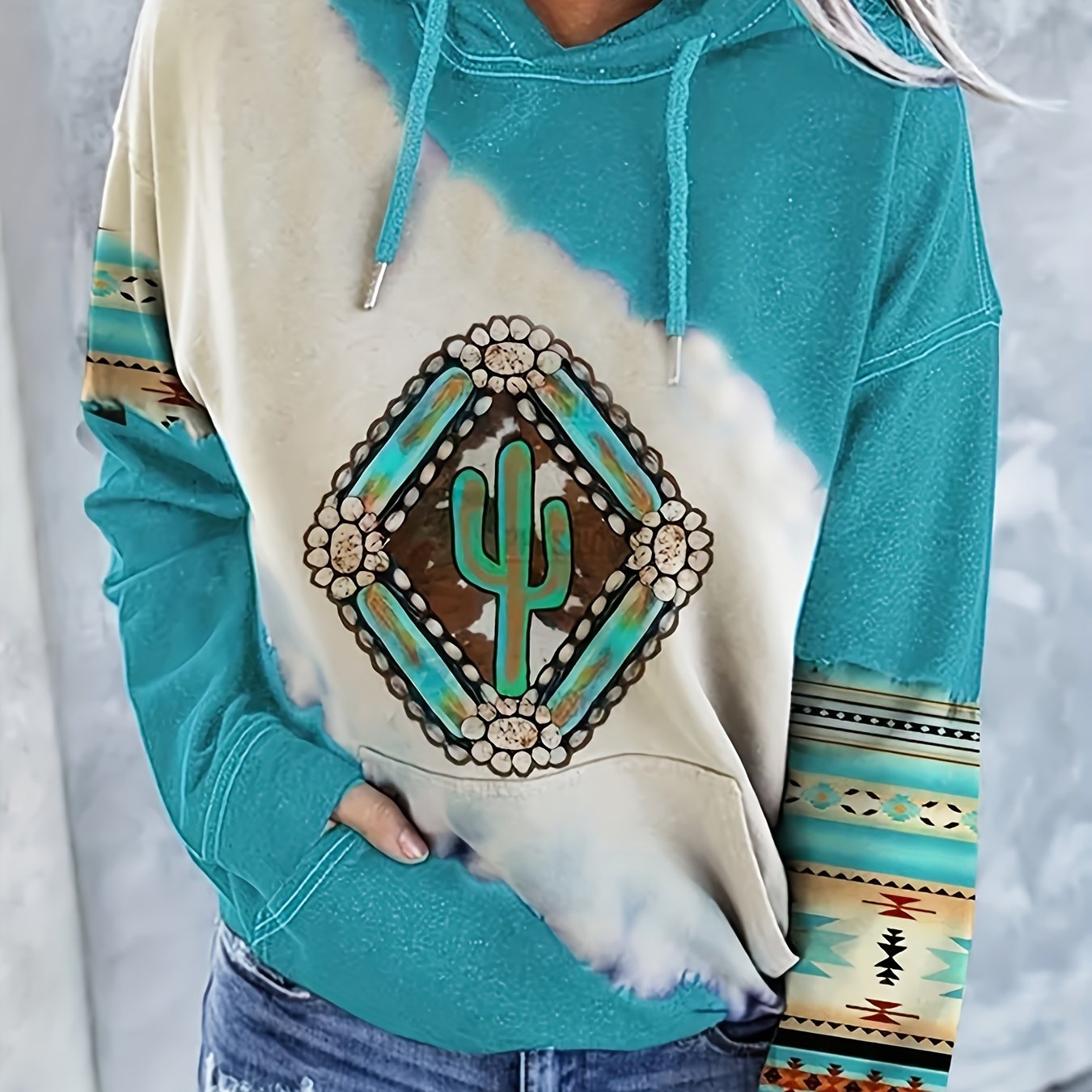 Ethnic Print Kangaroo Pocket Hoodie Long Sleeve Drawstring Hoodie