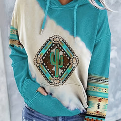 Ethnic Print Kangaroo Pocket Hoodie Long Sleeve Drawstring Hoodie
