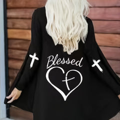 Casual Cardigan Cross & Heart Print Long Sleeve Open Front Cardigan