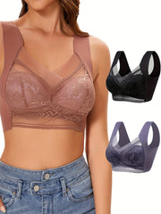 3pcs Wireless Lace Bra Full Coverage Women's Lingerie Set