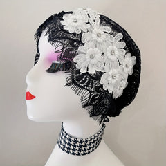 Flower Decor Lace Beanie Hollow Out Turban Cap French Style Head Wrap