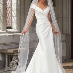 Chapel Length Wedding Veil Organza Beaded Rhinestone Edge Bridal Accessories