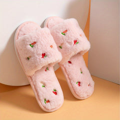 Cherry Pattern Plush Slippers Cozy Open Toe Fluffy Indoor Flat Shoes