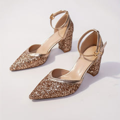 Block Heel Glitter Pumps Point Toe Strap Heels