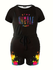 Women's Plus Ombre Letter Print Tee & Splash Print Shorts Set