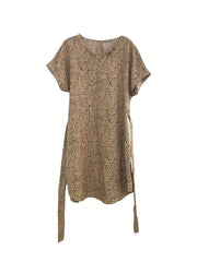 Leopard Print Dress Casual Drawstring Notched Neck Short Sleeve Dress