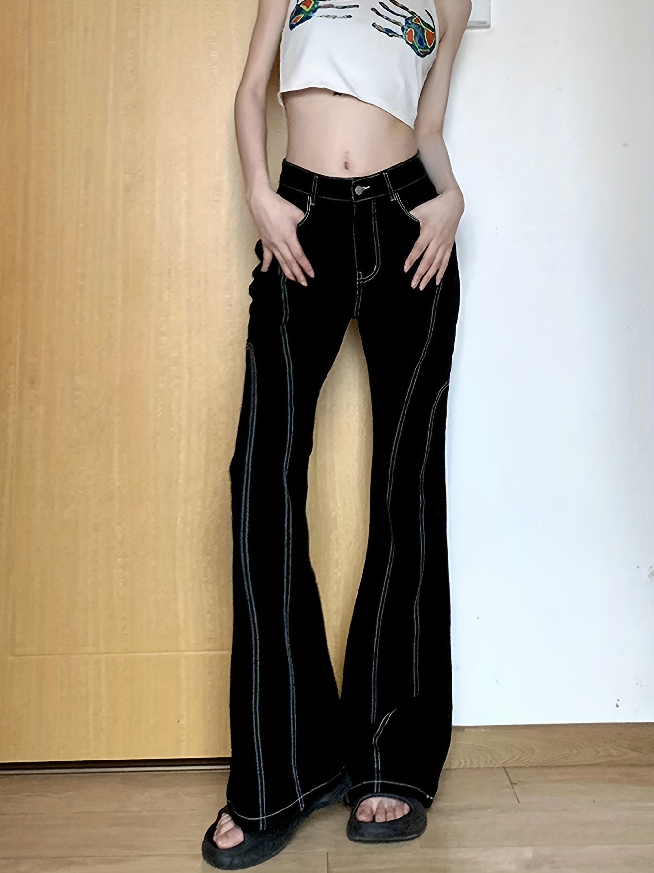 High Stretch Stripes Flare Leg Jeans Zipper Closure Denim Pants